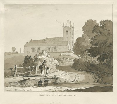 Igreja de Seighford: desenho em sépia de Thomas Peploe Wood