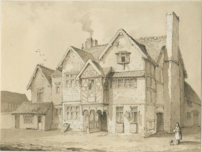 Stafford - [Casas antigas em Crabbery Lane]: desenho em sépia e caneta de Thomas Peploe Wood