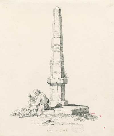 Tixall - Pilar mostrando distâncias em milhas: desenho a caneta e tinta de Thomas Peploe Wood