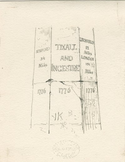 Tixall - Pilar de pedra mostrando a quilometragem: desenho a pena e tinta, sd [meados do século 19] (desenho) de Thomas Peploe Wood