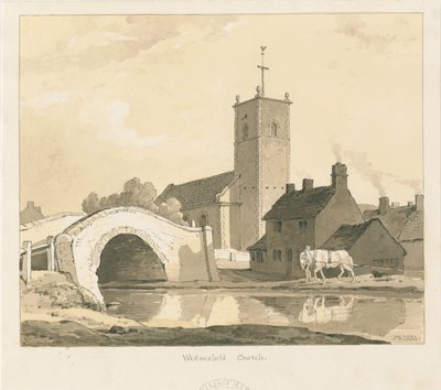 Igreja e ponte de Wednesfield: desenho em sépia, 1837 de Thomas Peploe Wood