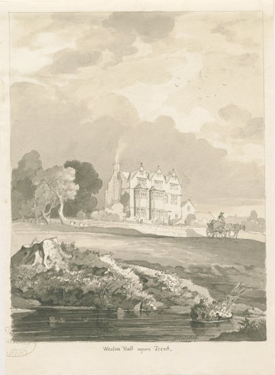 Weston-on-Trent - Hall: desenho sépia de Thomas Peploe Wood