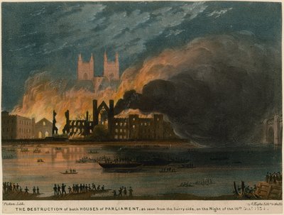 A destruição de ambas as Casas do Parlamento como visto do lado de Surrey de Thomas Picken