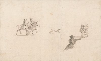 Cavaleiros, Figuras e um Cão (caneta e tinta no papel) de Thomas Ross