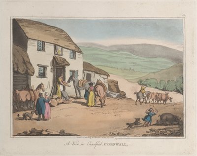 Uma vista de Camelford, Cornualha, de Sketches from Nature, 1822., 1822. Criadores: Thomas Rowlandson, Joseph Constantine Stadler. de ThomasThomas Rowlandson, Joseph Constantine Stadler Thomas Rowlandson, Joseph Constantine Stadler