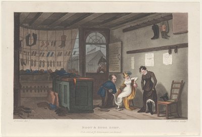 Boot & Shoe Shop, de Poetical Sketches of Scarborough, 1813., 1813. Criadores: Thomas Rowlandson, Joseph Constantine Stadler, J. Bluck. de Thomas Rowlandson, Joseph Constantine Stadler, J. Bluck