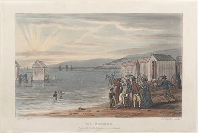 Banho de mar, de Poetical Sketches of Scarborough, 1813., 1813. Criadores: Thomas Rowlandson, Joseph Constantine Stadler, J. Bluck. de Thomas Rowlandson, Joseph Constantine Stadler, J. Bluck