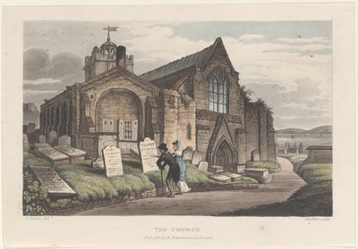 A Igreja, de Esboços Poéticos de Scarborough, 1813., 1813. Criadores: Thomas Rowlandson, Joseph Constantine Stadler, J. Bluck. de Thomas Rowlandson, Joseph Constantine Stadler, J. Bluck