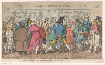 Multidões em frente da montra da editora Aaron Martinet na Rue du Coq em Paris
Les musards de la rue du Coq a Paris (título sobre o objecto) de Thomas Rowlandson (attributed to)