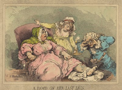 Um Bawd em suas últimas pernas, 1792 (gravura à mão colorida e aquatint) de Thomas Rowlandson