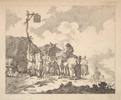 Uma Feira - Um Grupo de Ciganos - Homens e Mulheres em Roupas Rústicas na Frente de Dois Temas Improvisados ..., 1786. de Thomas Rowlandson