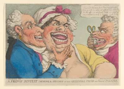 Um dentista francês mostrando um espécime de seus dentes artificiais e paladares falsos, 1811., 1811. de Thomas Rowlandson