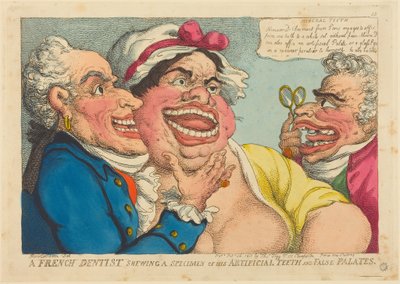 Um dentista francês a mostrar uma amostra dos seus dentes artificiais e palatos artificiais de Thomas Rowlandson