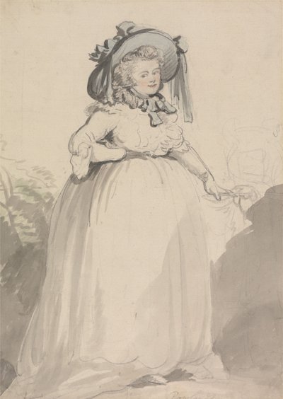 Uma senhora com um vestido branco, usando um chapéu azul de Thomas Rowlandson