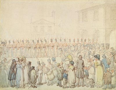 Uma revisão da milícia de Northamptonshire em Brackley, Northants (caneta e tinta com aquarela sobre papel) de Thomas Rowlandson