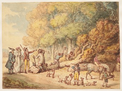 Um caçador com a família a instruir lenhadores para cortar uma árvore abatida de Thomas Rowlandson