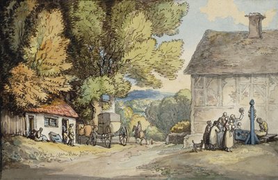 Um verde da vila: uma carruagem parada embaixo de uma árvore, com um homem no estoque e um grupo de espectadores, de Thomas Rowlandson