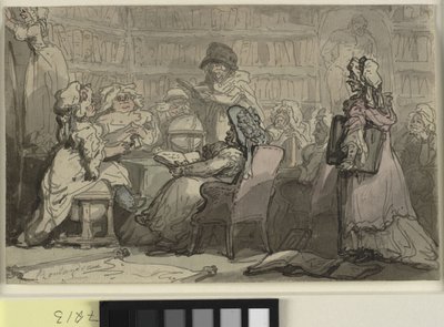 Uma reunião do clube bluestocking em uma biblioteca de Thomas Rowlandson