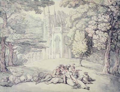 Um colégio verde com um grupo de donzelas e jovens cavalheiros em primeiro plano, c.1810-15 (caneta e tinta e aquarela sobre lápis no papel) de Thomas Rowlandson