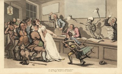 Uma mulher expira em choque ao ver um pedaço de papel em branco brandido pelo esqueleto da Morte em um escritório de loteria. Placa de cobre colorida à mão desenhada e gravada por Thomas Rowlandson de The English Dance of Death, Ackermann, Londres de Thomas Rowlandson