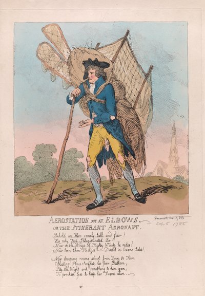 Aerostation out at Cotovelos ou o Aeronaut Itinerante, pub. 1785 (gravura colorida à mão) de Thomas Rowlandson