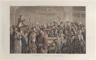 Leilão de Relíquias em Avignon, do Journal of Sentimental Travels in the Southern Provinc..., 1821. de Thomas Rowlandson