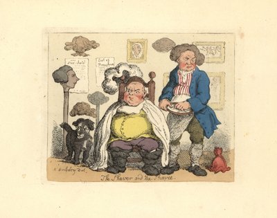 Barbeiro e cliente em uma barbearia decorada com perucas. de Thomas Rowlandson