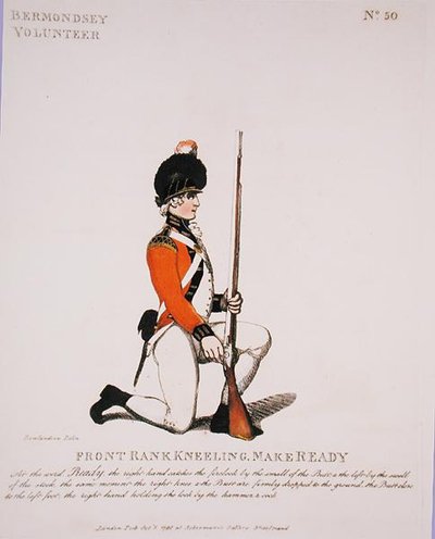 Bermondsey Volunteer, prato 50 de "Loyal Volunteers of London and Environs", publicado em 1798 (cor litho) de Thomas Rowlandson