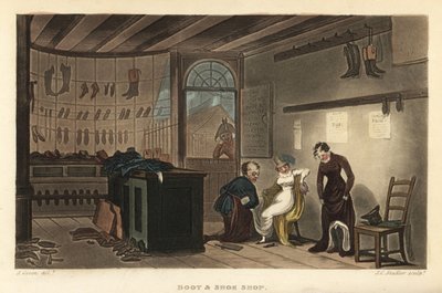 Boot and Shoe Shop: Clientes mulheres a experimentar sapatos e botas na Leatherhead cobblers. Gravura em chapa de cobre colorida à mão por Thomas Rowlandson, aquatint por J.C. Stadler, depois de um esboço de J. Green do Poetical Sketches de Scarborough, Ac de Thomas Rowlandson