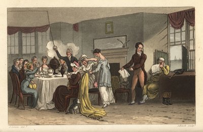 Sala de pequenos-almoços do Old Bell Inn, Scarborough. Os hóspedes bebem café, lêem jornais, tomam o pequeno-almoço numa sala de Regency. Gravura em chapa de cobre colorida à mão por Thomas Rowlandson, aquatint por J. Bluck, após um esboço de J. Green do P de Thomas Rowlandson