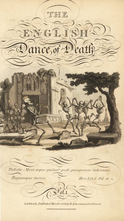 Título caligráfico e vinheta de esqueletos dançando com pandeiros e chifres num cemitério perto de uma igreja em ruínas. Placa de cobre colorida à mão desenhada e gravada por Thomas Rowlandson de The English Dance of Death, Ackermann, Londres. de Thomas Rowlandson
