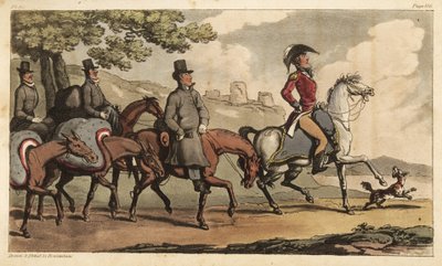 O Capitão Johnny Newcome e os seus criados com cavalos de carga na estrada para Santarém, Portugal, para regressar à Campanha Península. Gravura em chapa de cobre colorida à mão desenhada e gravada por Thomas Rowlandson do Coronel David Roberts