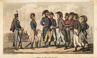 Capitão Johnny Newcome em serviço como Aide de Camp para o Duque de Wellington durante a Campanha da Península. Gravura em chapa de cobre colorida à mão desenhada e gravada por Thomas Rowlandson do Coronel David Roberts