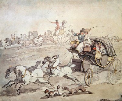 Carruagens e Cavaleiros a Toda a Velocidade através de Open Grassland, c.1800 (caneta e tinta com lavagem em papel) de Thomas Rowlandson