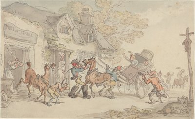 Trocando cavalos em uma casa de correio na França de Thomas Rowlandson