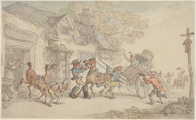 Troca de cavalos numa estalagem na França de Thomas Rowlandson