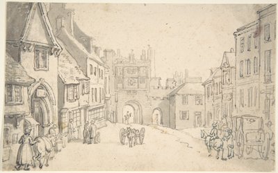 Vista da cidade com um portão medieval (talvez York) de Thomas Rowlandson