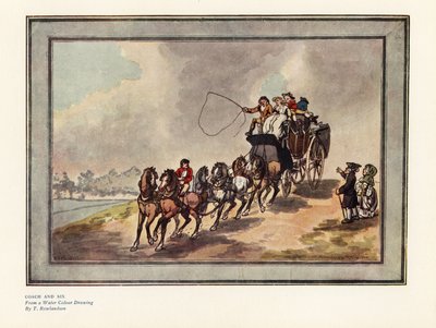 Autocarro e seis cavalos com passageiros e bagagem no telhado de Thomas Rowlandson