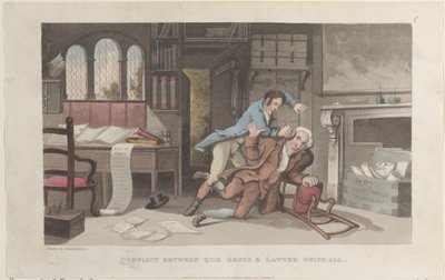 Conflito entre o Género Quae e o Advogado Gripe-all, de The History of Johnny Q..., 1 de Outubro de 1821. de Thomas Rowlandson