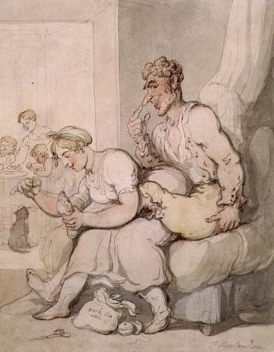 Darning The Sock (caneta e tinta, aguarela) de Thomas Rowlandson