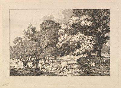Caça ao veado – Uma paisagem com um veado e cães de caça junto a um rio de Thomas Rowlandson