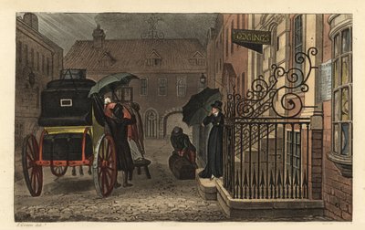 Partida: Turistas a carregar bagagem numa carruagem em frente a um hotel, à chuva. Gravura em chapa de cobre colorida à mão por Thomas Rowlandson, aquatint por J.C. Stadler, depois de um esboço por J. Green de Poetical Sketches de Scarborough, Ackermann, L de Thomas Rowlandson