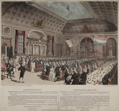 Jantar em comemoração da emancipação da Holanda da França, Cidade de Londres Tavern, Bishopsgate, 1814 (aquatint) de Thomas Rowlandson