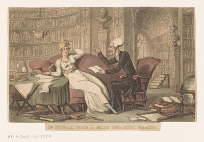 Sintaxe de Doutor com uma mulher numa biblioteca
Dr Sintaxe com uma beleza de meia azul (título sobre o objecto) de Thomas Rowlandson