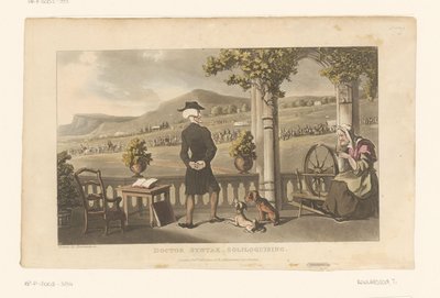 O Doutor Syntax observa atentamente um cortejo na paisagem de Thomas Rowlandson