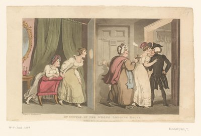 O Doutor Syntax é conduzido através de uma porta por duas mulheres de Thomas Rowlandson