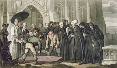 Dr. Syntax no funeral de sua esposa, de &39;O tour do Dr. sintaxe em busca do pitoresco&39;, por William Combe, publicado em 1812 (aquatint) de Thomas Rowlandson