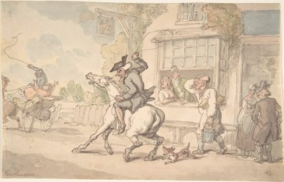 O Dr. Syntax com um cavalo teimoso em frente a uma estalagem de Thomas Rowlandson
