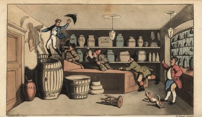 Johnny bêbado perseguido por guardas noturnos numa mercearia prestes a cair num barril de manteiga. Gravura em chapa de cobre colorida à mão por W. Leia depois de uma ilustração de Thomas Rowlandson de Alfred Burton