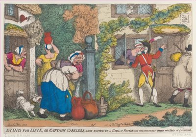 Morrendo de amor, ou capitão descuidado, baleado voando por uma garota de quinze anos que inesperadamente aparece..., 1810. de Thomas Rowlandson